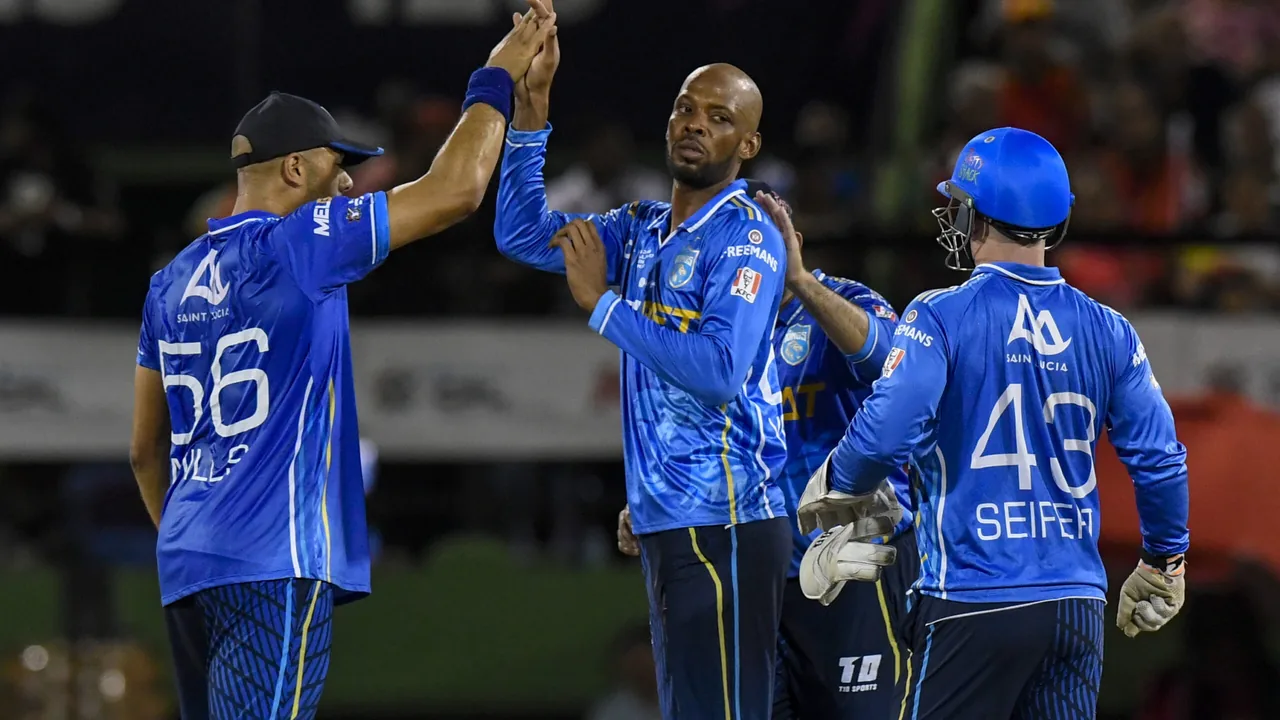 Saint Lucia Kings players celebrate a wicket during the 2025 CPL playoffs