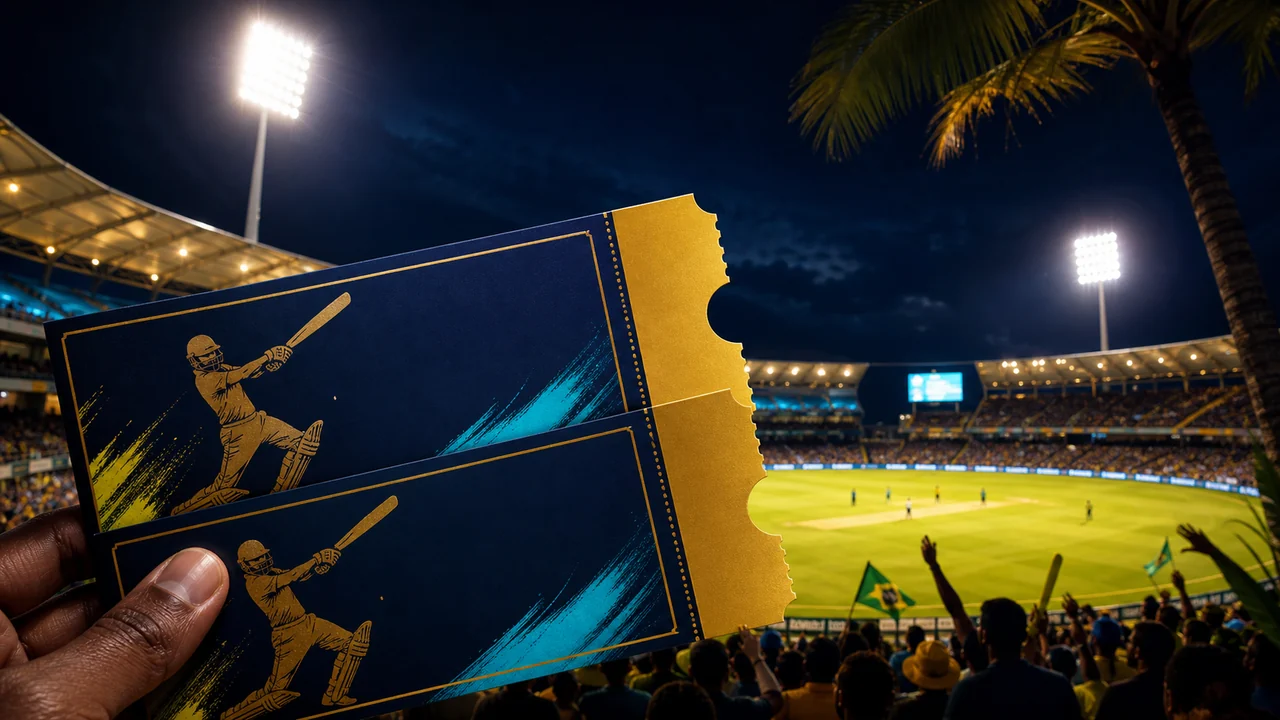 Cricket tickets overlooking a Caribbean stadium under floodlights