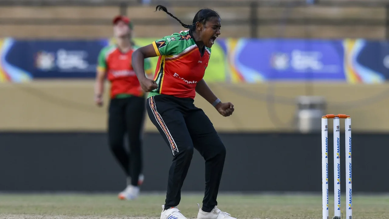 Women's Caribbean Premier League bowler celebrates taking a wicket